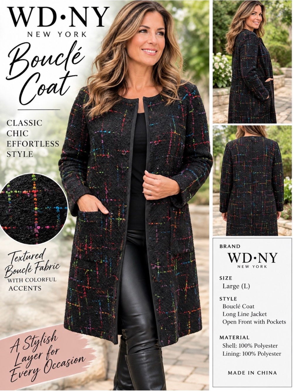 WD.NY Black Bouclé Coat with Multicolor Thread Accents